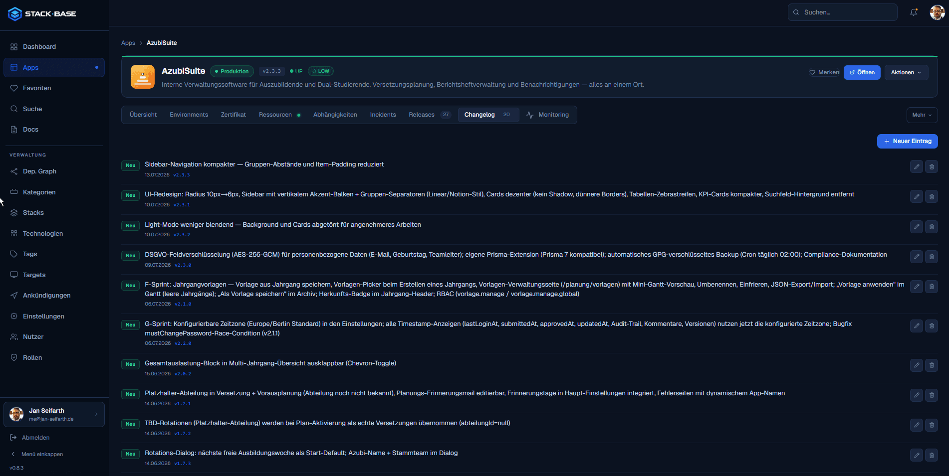 Changelog mit chronologischer Liste aller Änderungen und Versionszuordnung