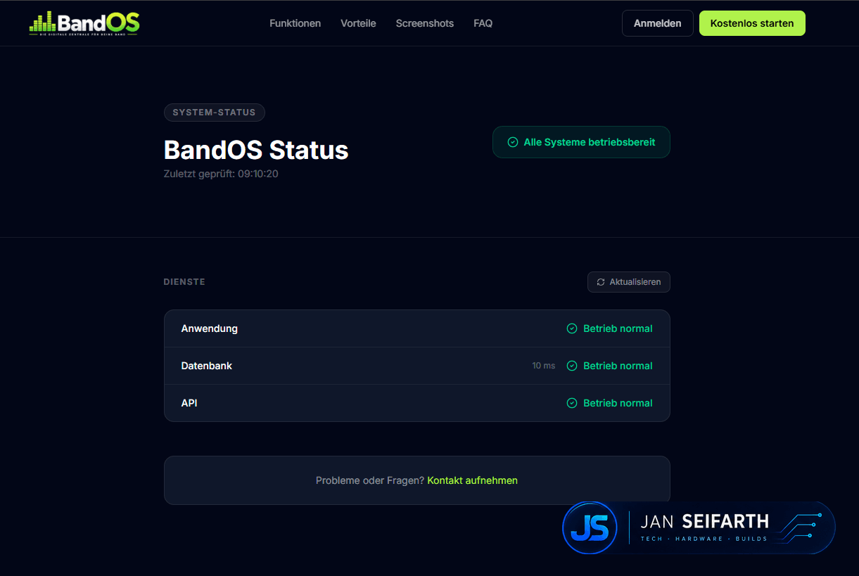 System-Status-Seite mit Service-Übersicht für Anwendung, Datenbank und API samt Uptime-Indikatoren