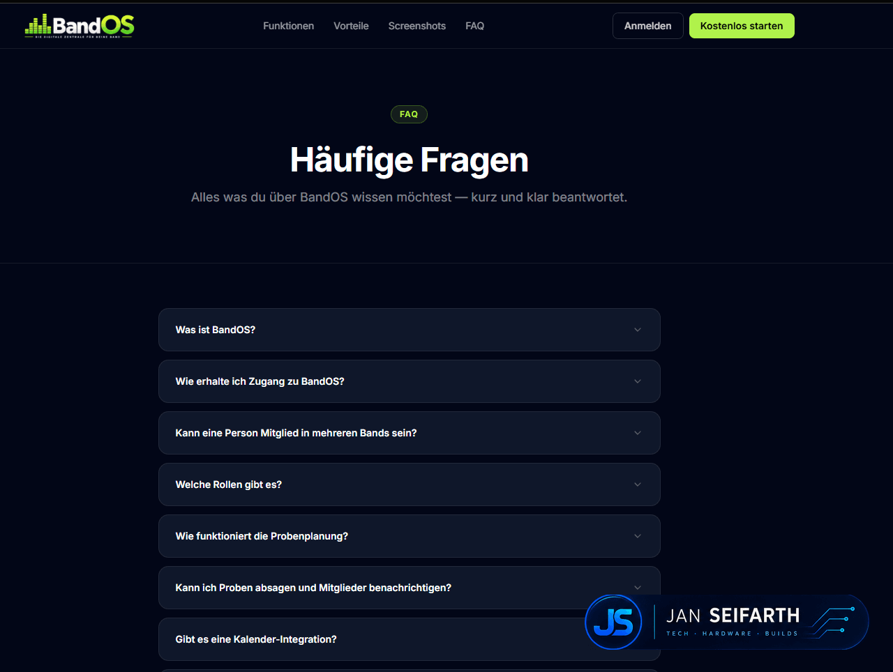 FAQ-Seite mit aufklappbaren Accordion-Einträgen zu häufigen Fragen rund um BandOS