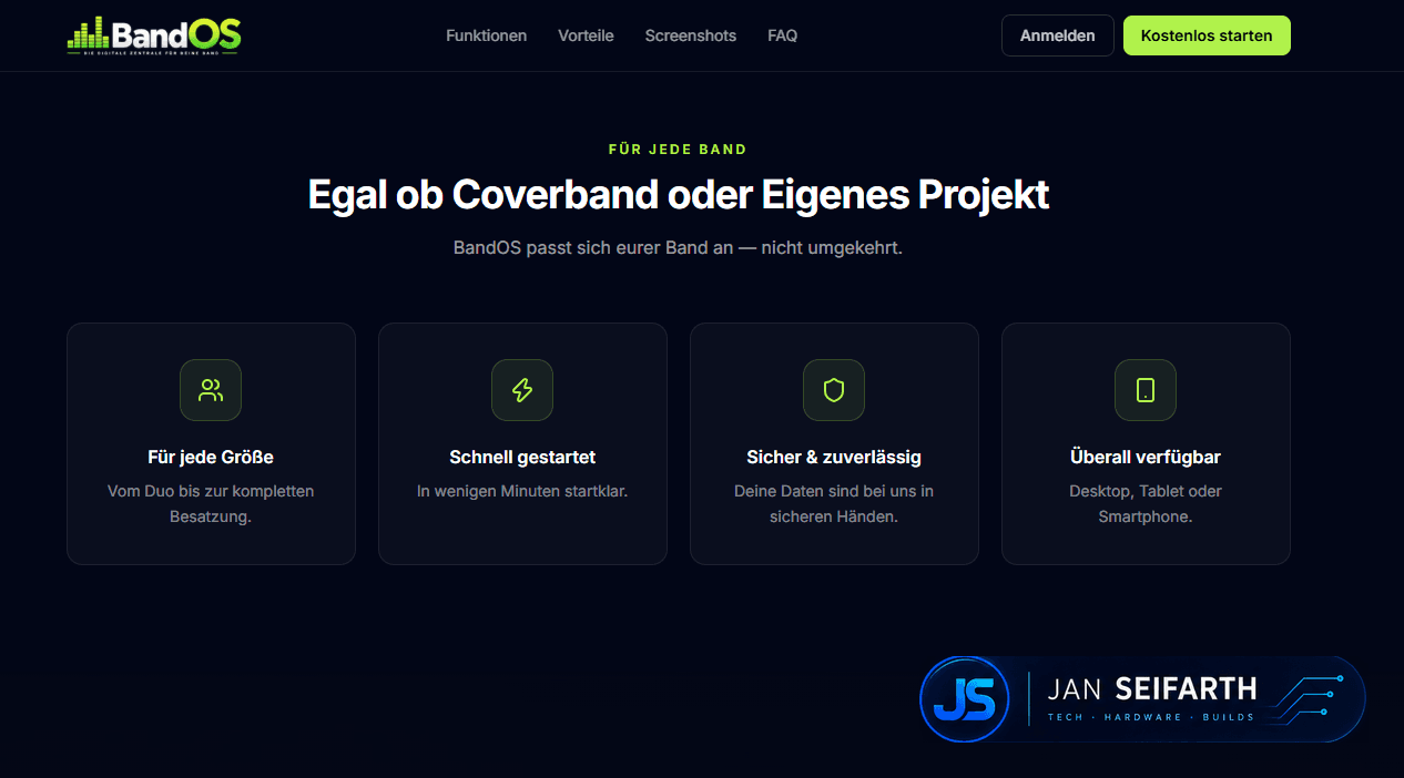 Use-Case-Sektion mit vier Vorteilen: für jede Bandgröße, sofort einsatzbereit, direkte Zusammenarbeit, überall verfügbar