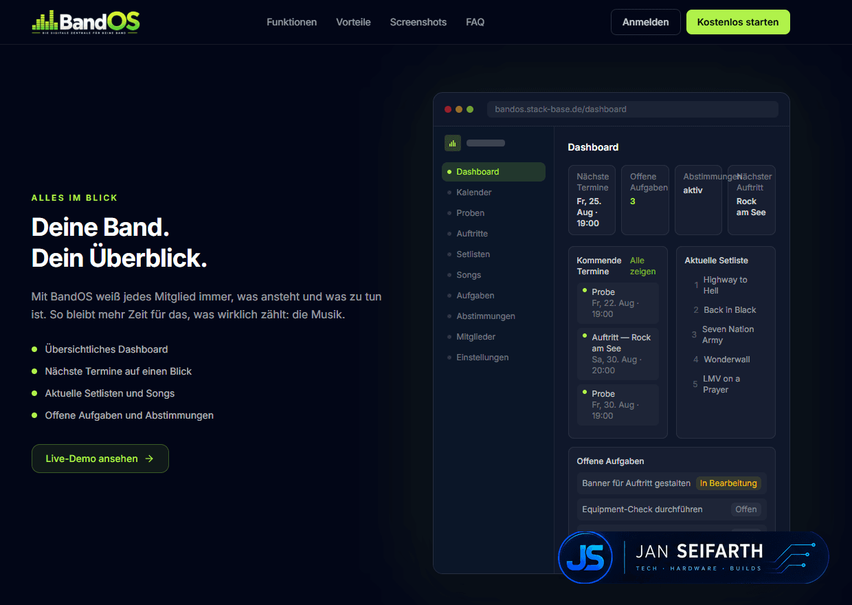 Band-Dashboard-Vorschau mit Sidebar-Navigation und Feature-Highlights wie Übersichtliches Dashboard und aktuelle Setlists