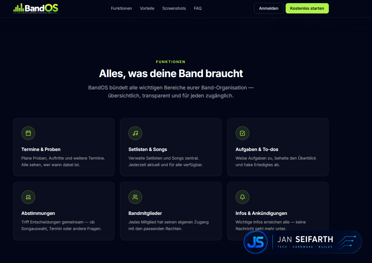 Feature-Übersicht mit Kacheln für Termine & Proben, Setlisten & Songs, Aufgaben & To-Dos und weitere Module