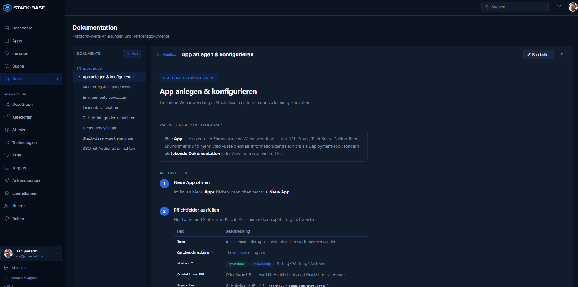 Integrierte Dokumentation mit Handbuch-Artikeln zur App-Konfiguration und Plattform-Einrichtung