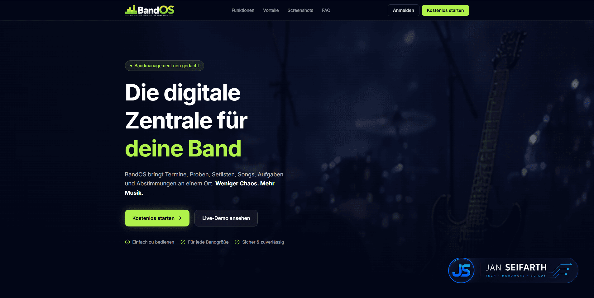 Landing Page Hero mit Headline "Die digitale Zentrale für deine Band", Konzert-Hintergrundbild und Call-to-Action-Buttons