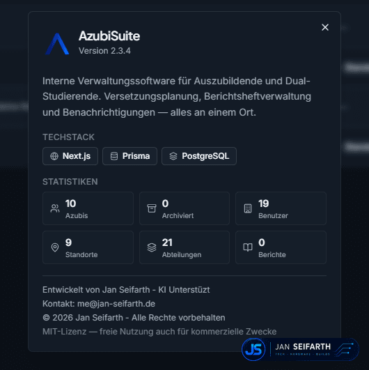 About-Dialog mit Versionsinfo, Tech-Stack-Badges, Systemstatistiken und Lizenzinformationen