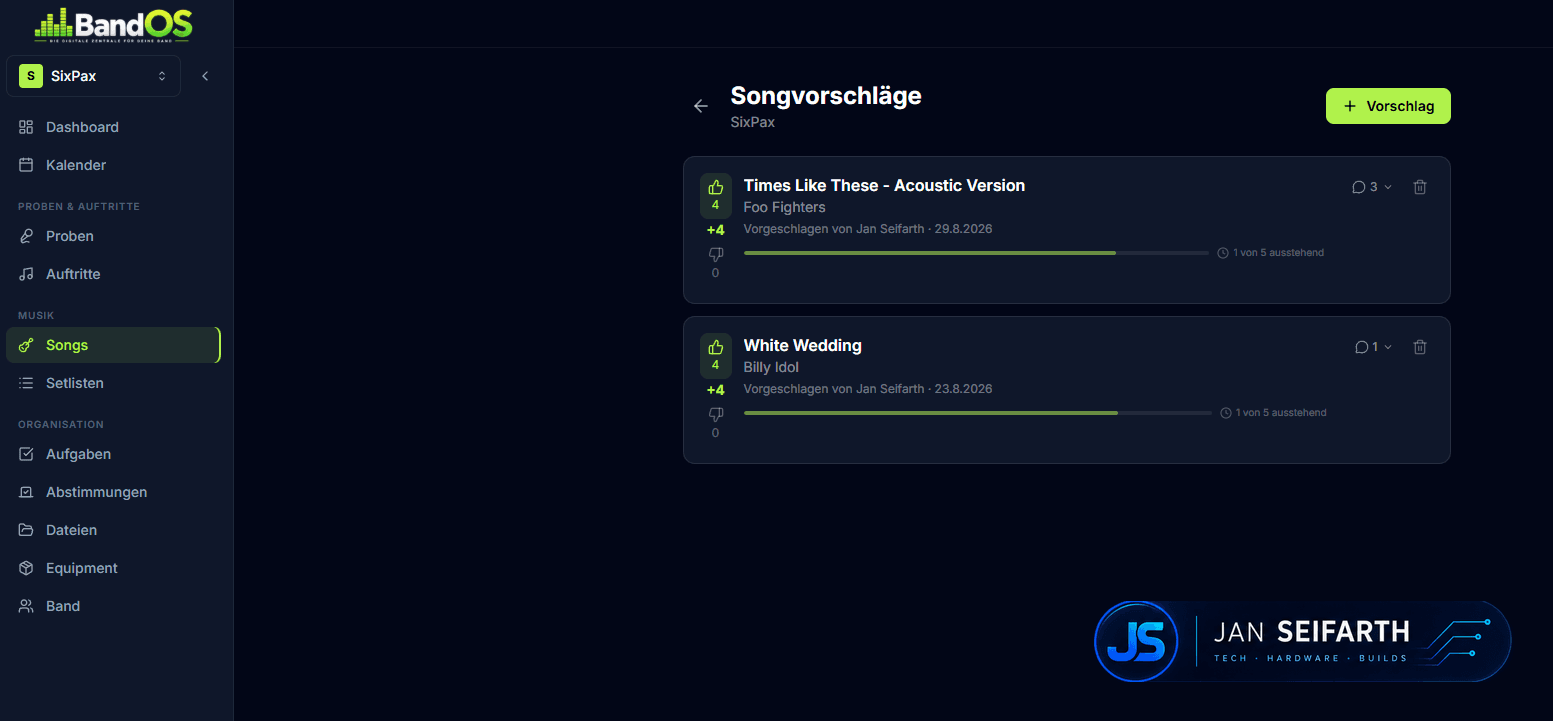 Songvorschläge-Übersicht mit Abstimmungskarten, Vorschlagsstatus und Kommentaren der Bandmitglieder