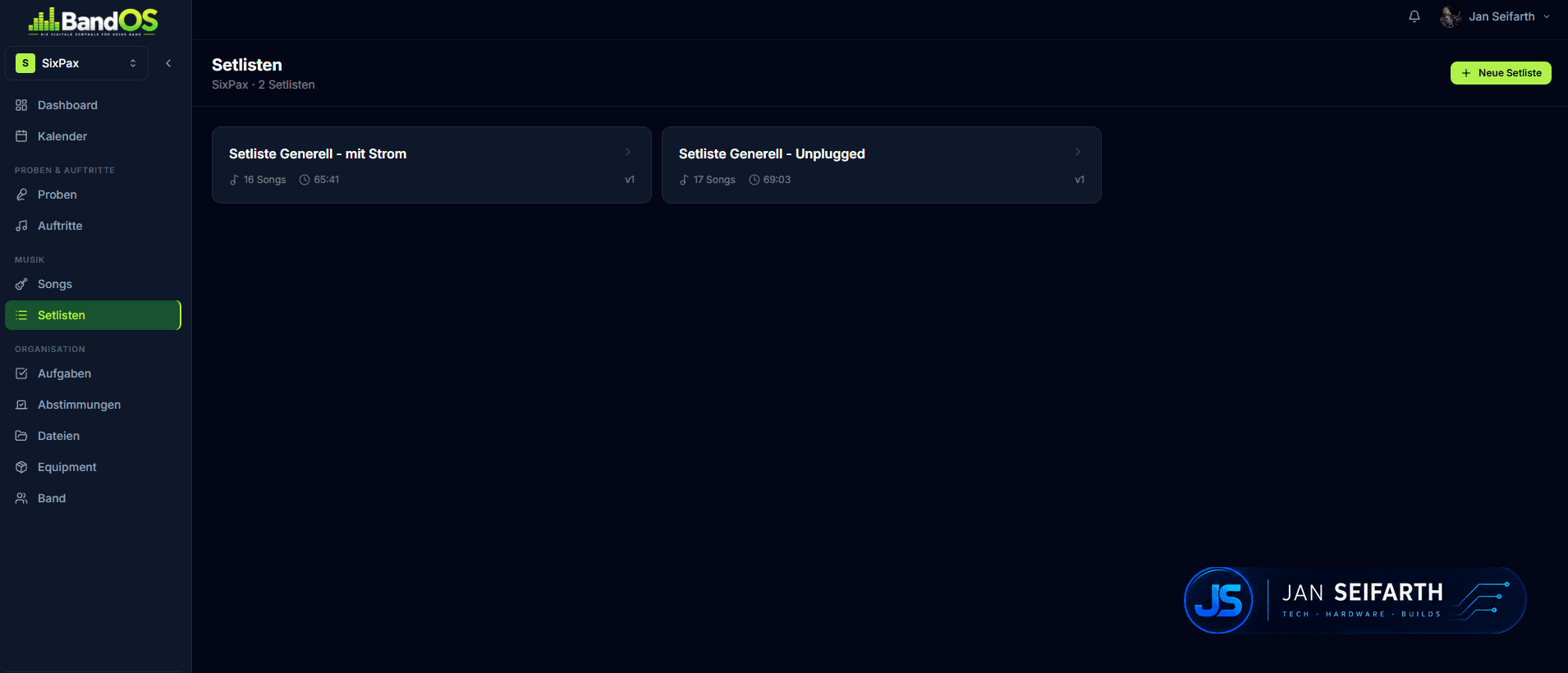 Setlisten-Übersicht mit Tabs für aktive Setlisten und Konzert-Setlisten samt Songanzahl