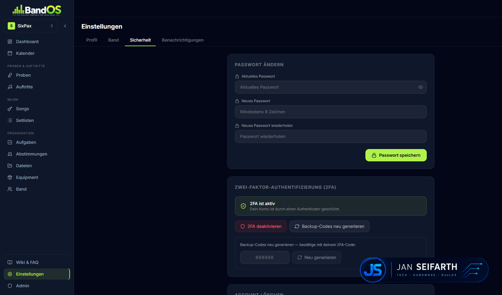 Sicherheitseinstellungen mit Zwei-Faktor-Authentifizierung, Passwortänderung und Backup-Codes