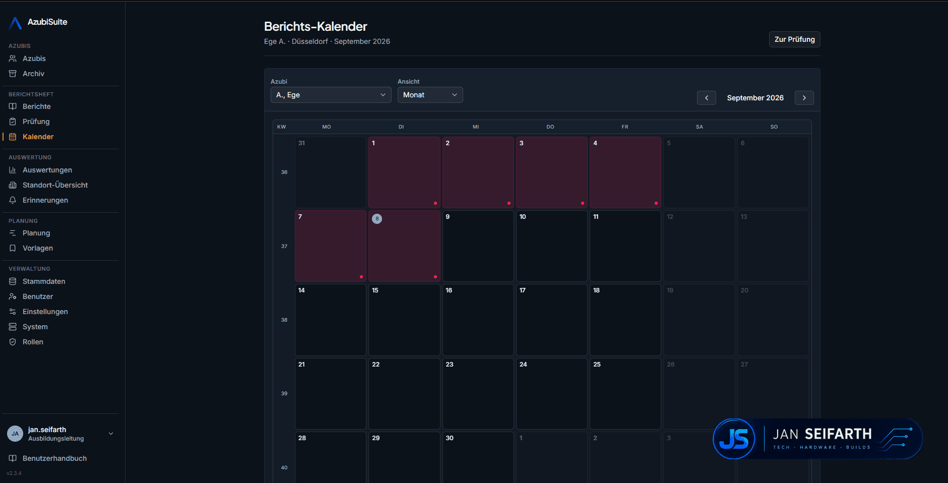 Berichts-Kalender in Monatsansicht mit farbkodierten Berichtstagen und Azubi-Filter