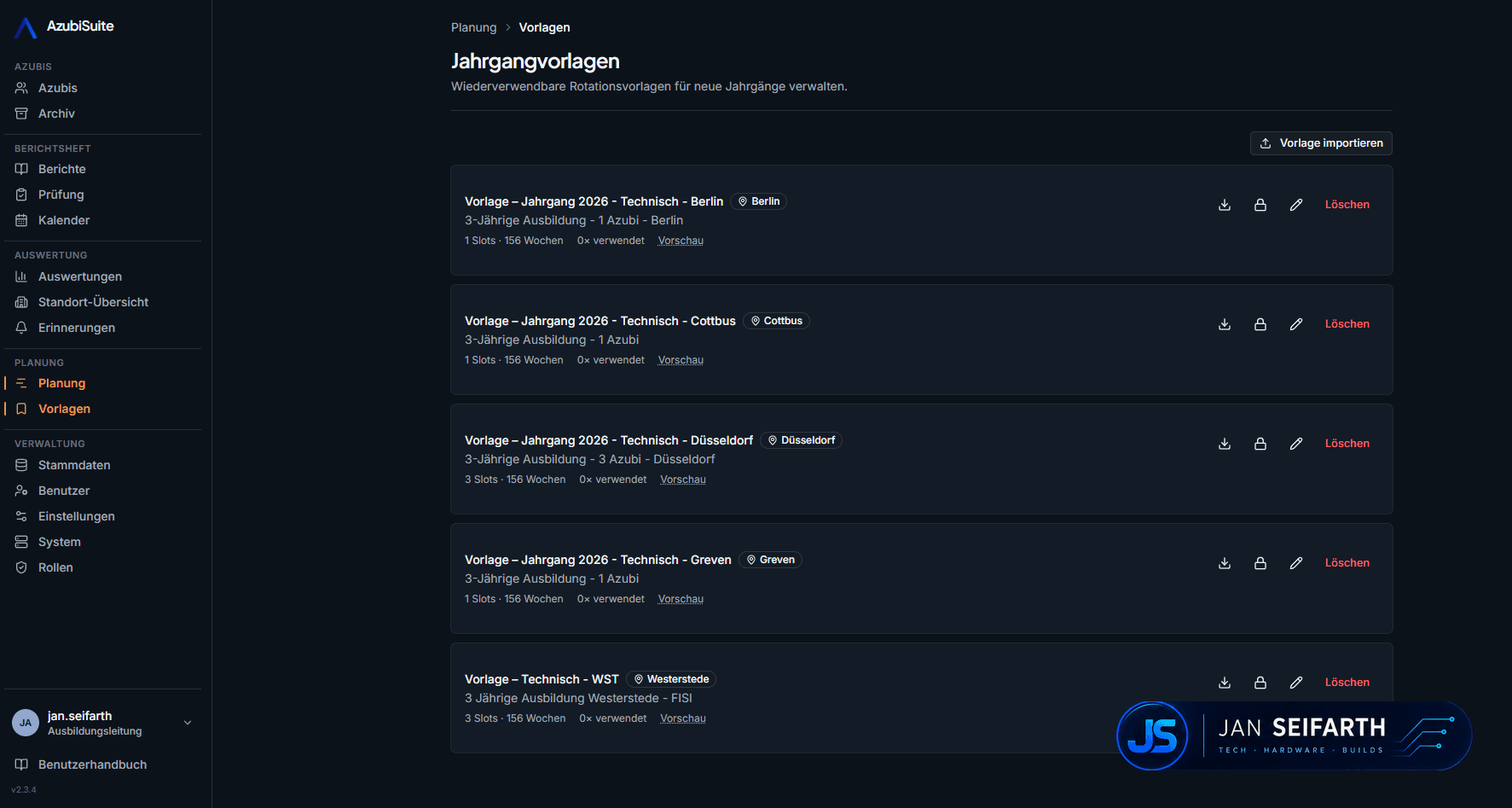 Jahrgangvorlagen-Verwaltung mit standortspezifischen Rotationsvorlagen zum Importieren und Wiederverwenden