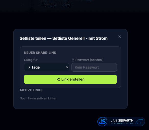 Share-Dialog zum Teilen einer Setliste über einen zeitlich begrenzten Gast-Link mit Ablaufdatum