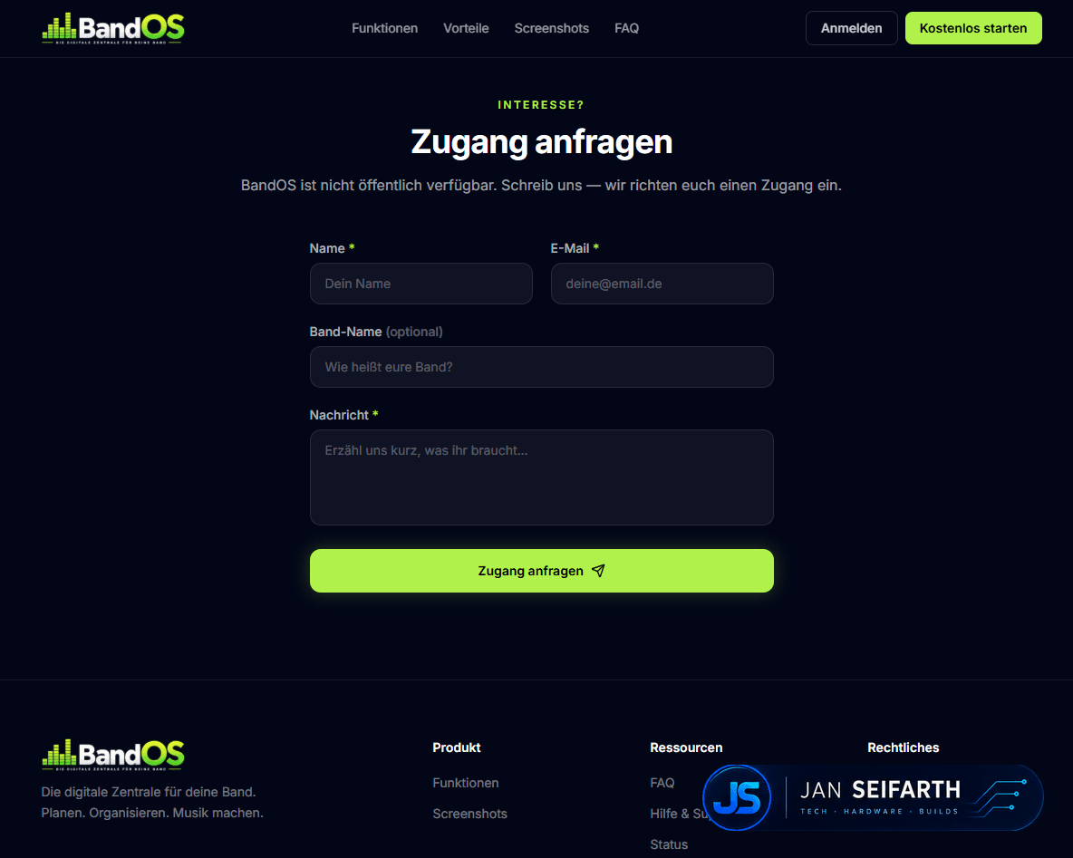 Zugangsanfrage-Formular mit Eingabefeldern für Name, E-Mail und Band-Name