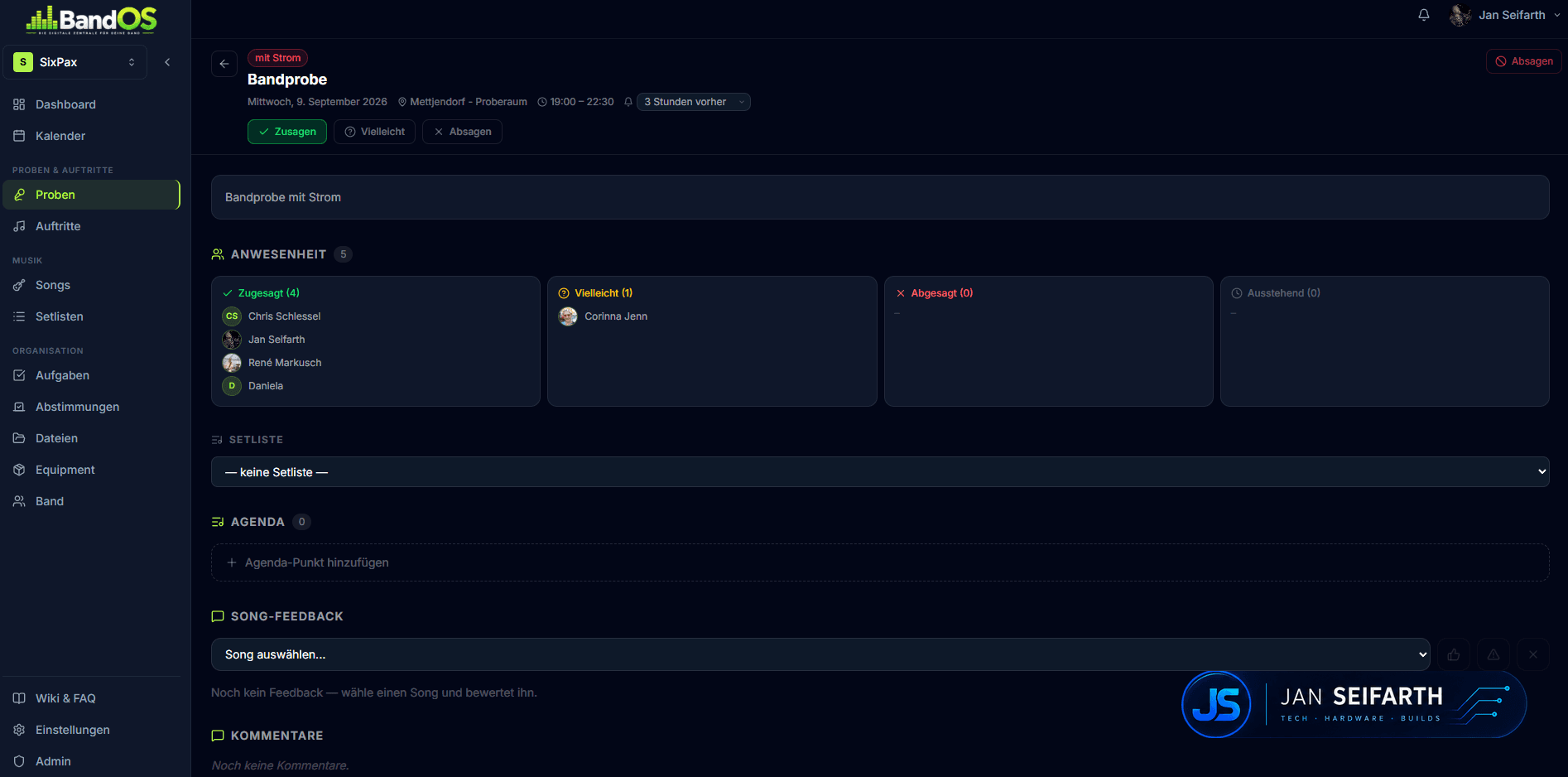 Proben-Detailseite mit RSVP-Buttons (Zusage/Absage/Vielleicht), Teilnehmerliste und Notizfeld