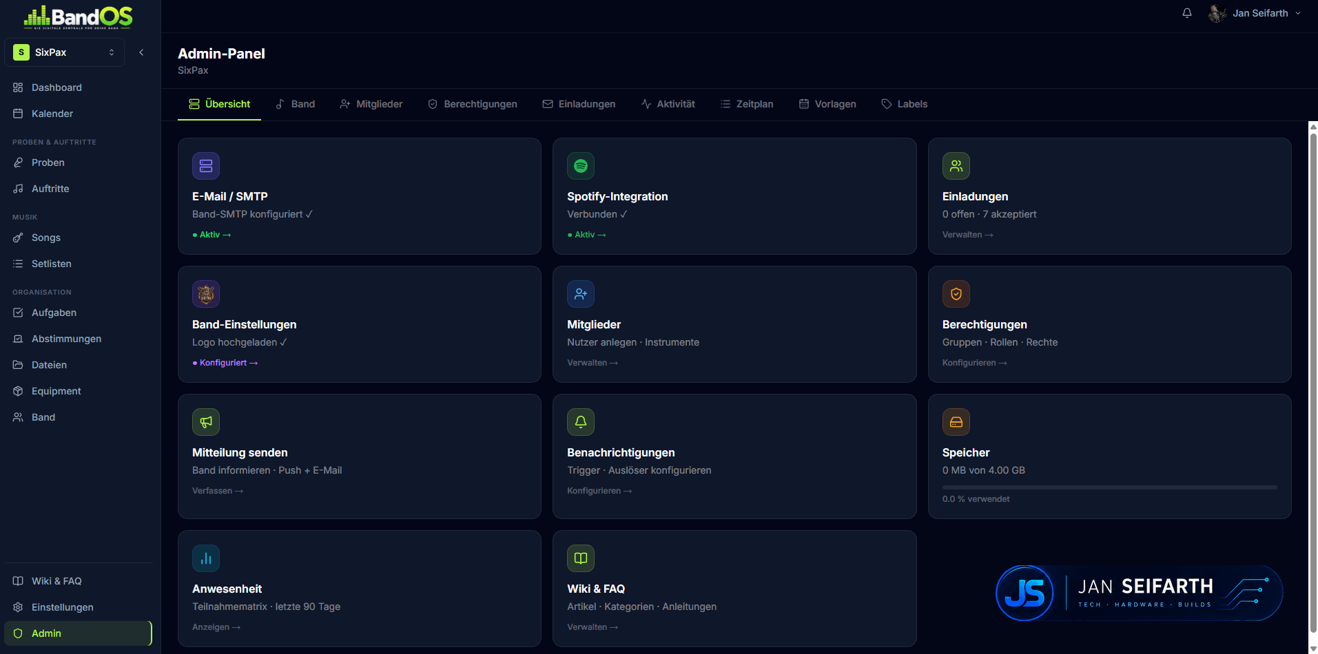 Admin-Panel mit Verwaltungskacheln für E-Mail/SMTP, Benutzer, Bands, Mitglieder, Einladungen, Benachrichtigungen und Branding